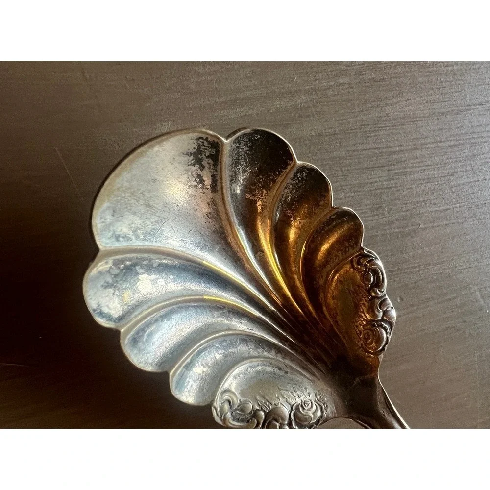 Floral Rose Sugar Shell Spoon Silver Plated Scalloped Vintage Tea Party Decor